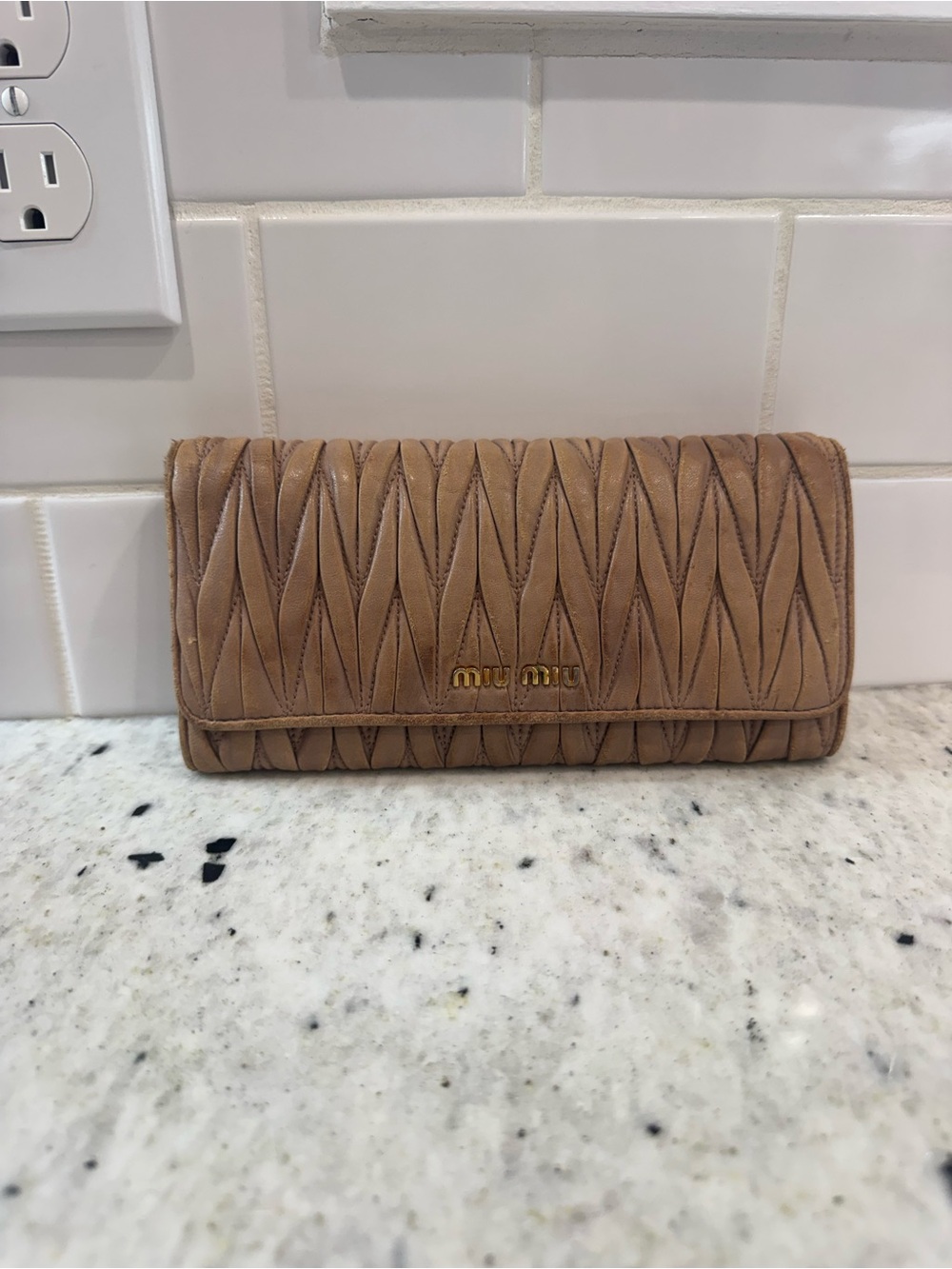 Miu Miu Tan Quilted Matelassé Leather Continental Wallet with Gold Logo